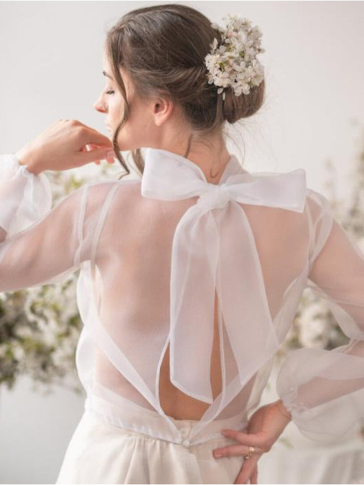 Bolero Voiles Coats / Jackets Long Sleeves Bridal Organza Wedding Wraps With Bowknot