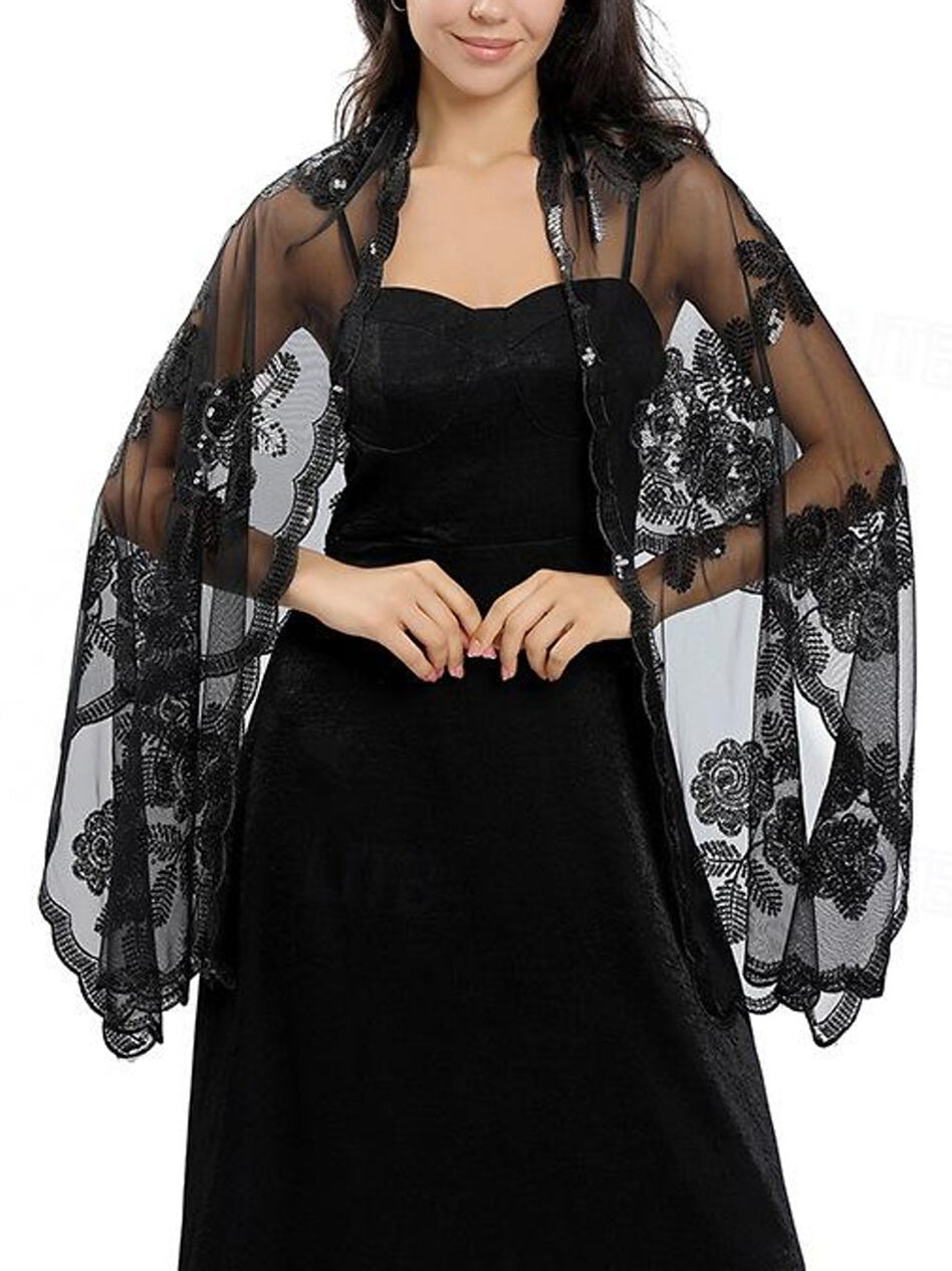 Women's Wedding Guest Sleeveless Tulle Wrap/Shawl with Sequins, Black Women's Wedding Guest Sleeveless Tulle Wrap/Shawl with Sequins, Black
