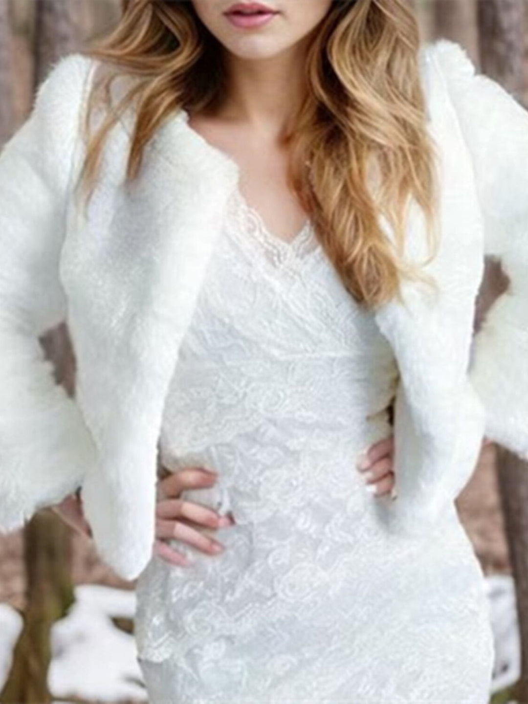 Women's White Elegant Long Sleeves Faux Fur Wrap Jacket with Pure Color