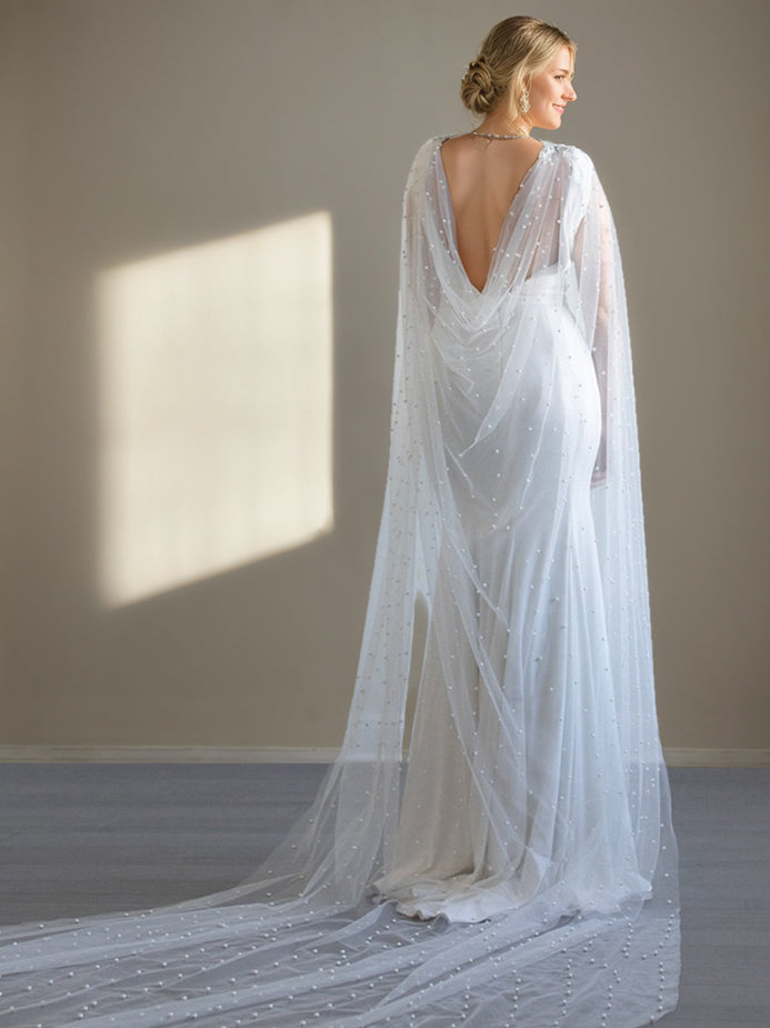 Women's Wrap Tulle Cape Sleeveless Wedding Wraps with Pearl & Appliques