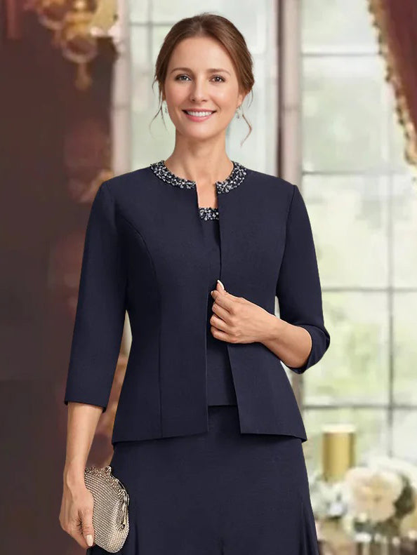 Women's Chiffon 3/4 Sleeves Open-front Jackets with Beads & Sequins