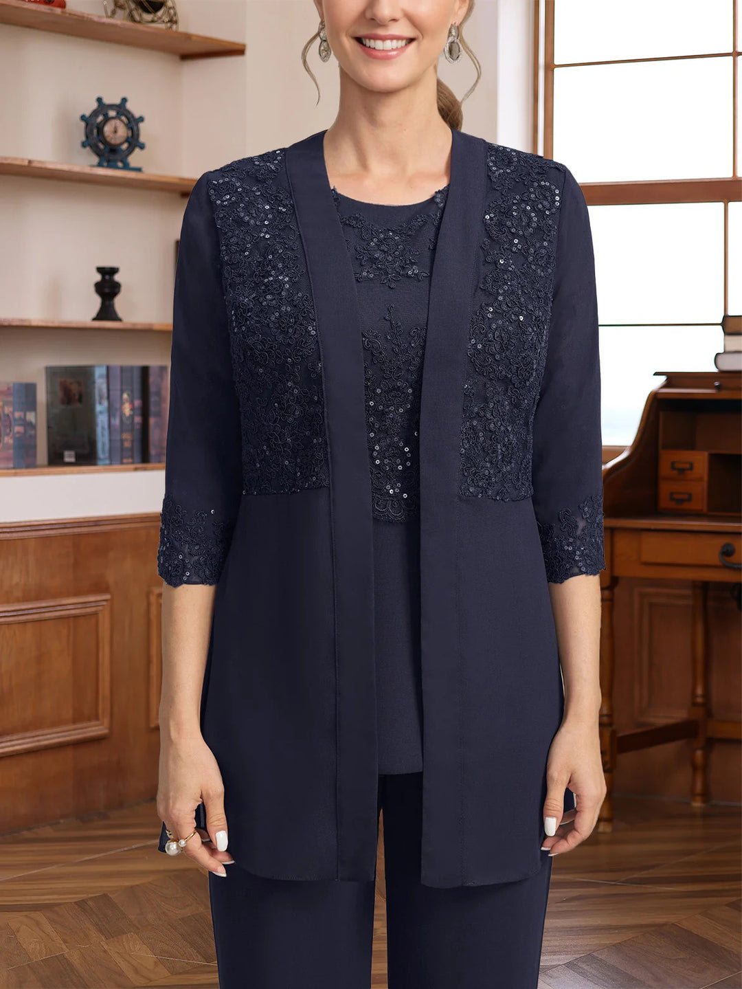 Women's Open-front Chiffon 3/4 Sleeves Jackets with Sequins & Beads