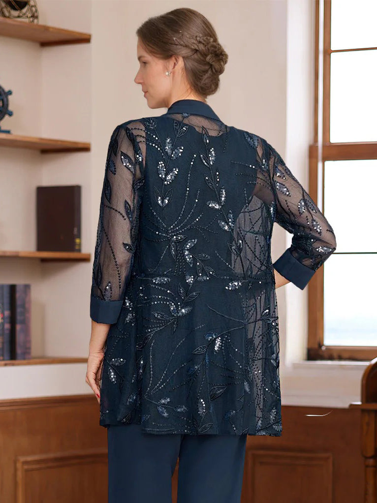 Women's 3/4 Sleeves Tulle Open-front Jackets with Sequined Embroidery