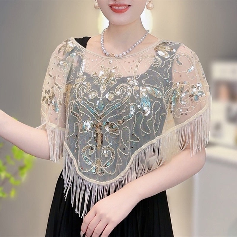 Women's Elegant Wrap Vintage Sleeveless Sequins Appliqued Wraps with Fringe