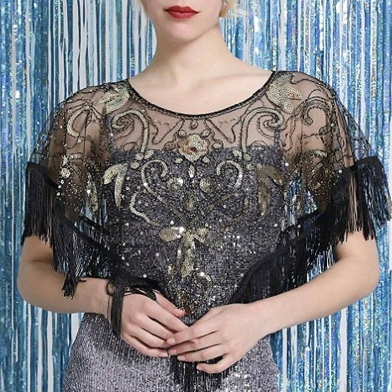 Women's Elegant Wrap Vintage Sleeveless Sequins Appliqued Wraps with Fringe