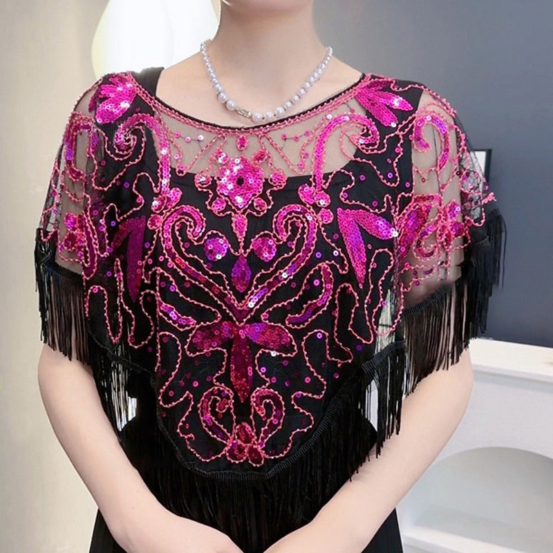 Women's Elegant Wrap Vintage Sleeveless Sequins Appliqued Wraps with Fringe