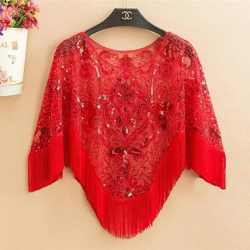 Women's Elegant Wrap Vintage Sleeveless Sequins Appliqued Wraps with Fringe