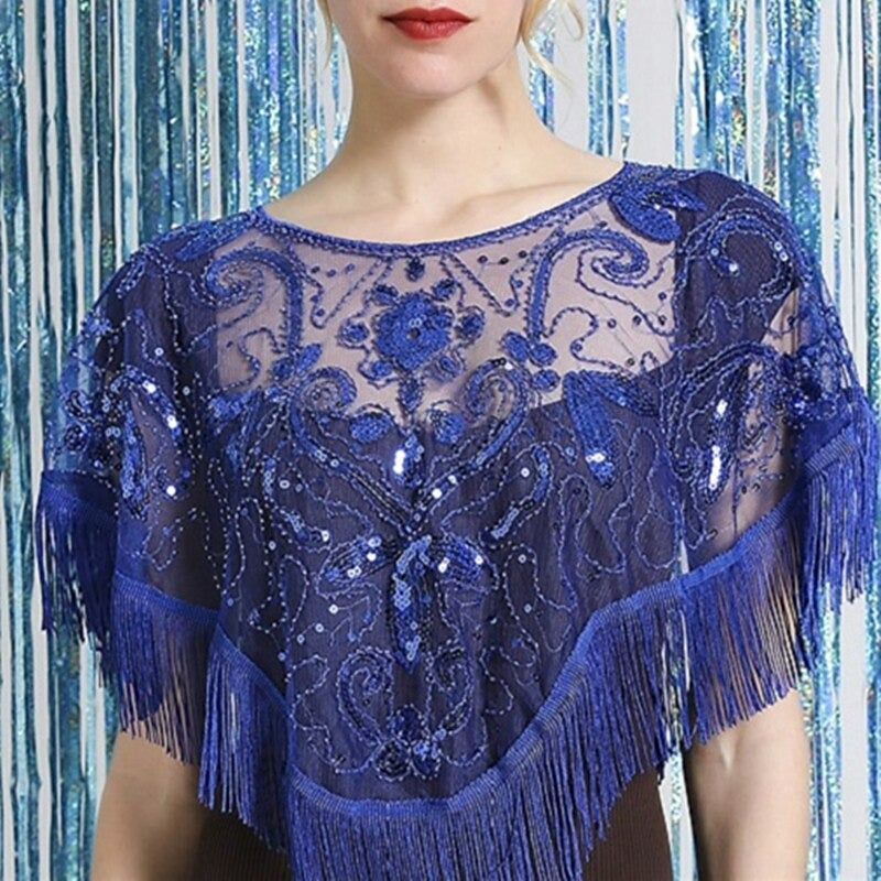 Women's Elegant Wrap Vintage Sleeveless Sequins Appliqued Wraps with Fringe