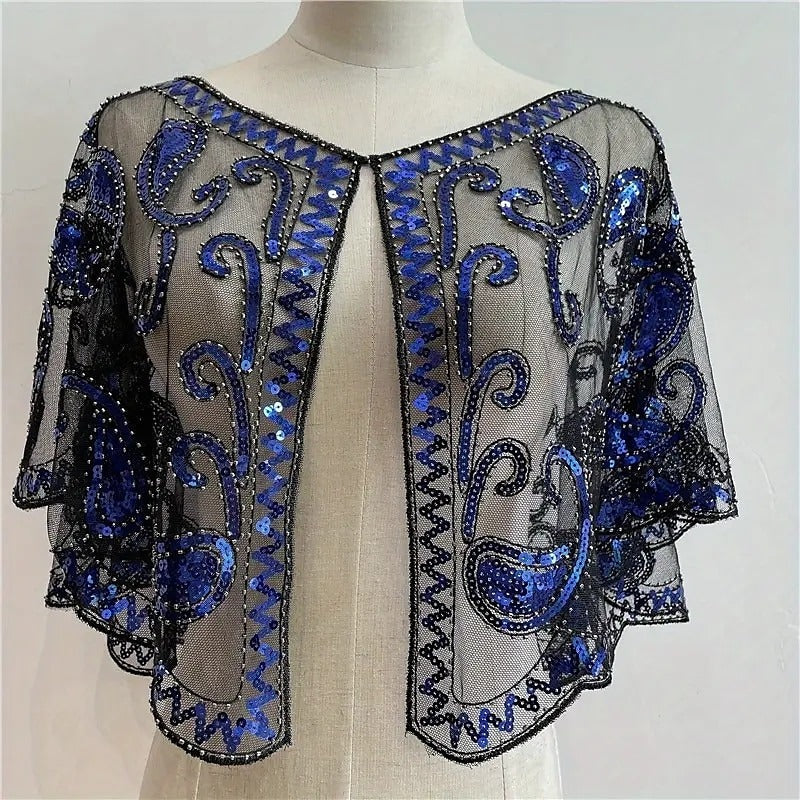 Women's Wrap Cape Vintage Sleeveless Sequind Solid Color Wraps with Beadings