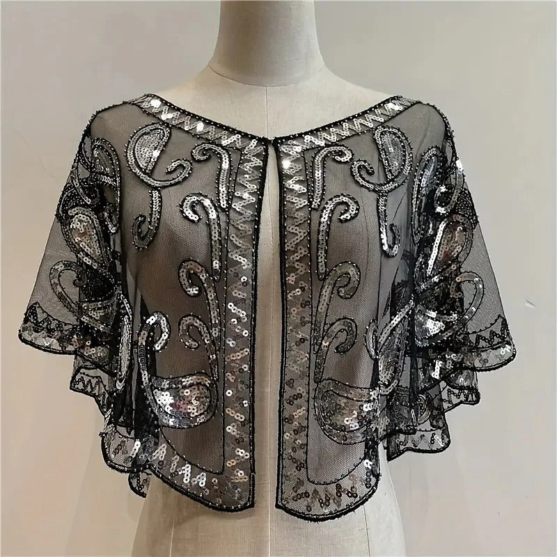 Women's Wrap Cape Vintage Sleeveless Sequind Solid Color Wraps with Beadings