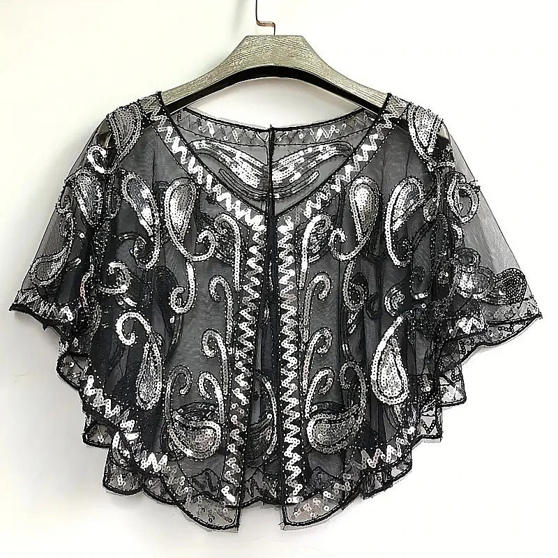 Women's Wrap Cape Vintage Sleeveless Sequind Solid Color Wraps with Beadings