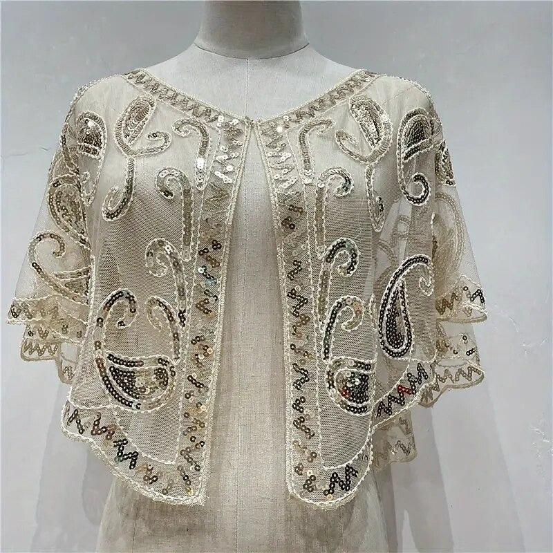 Women's Wrap Cape Vintage Sleeveless Sequind Solid Color Wraps with Beadings
