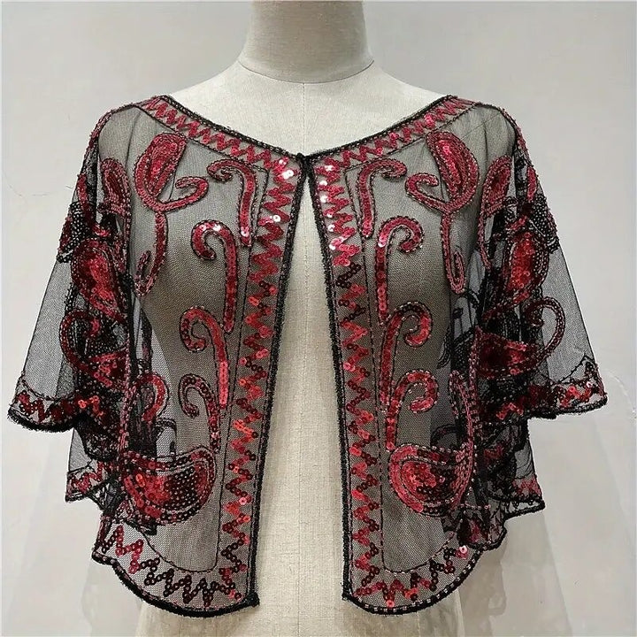 Women's Wrap Cape Vintage Sleeveless Sequind Solid Color Wraps with Beadings