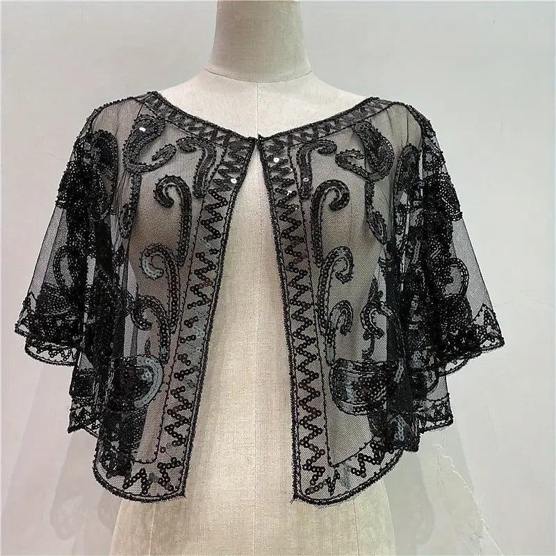 Women's Wrap Cape Vintage Sleeveless Sequind Solid Color Wraps with Beadings