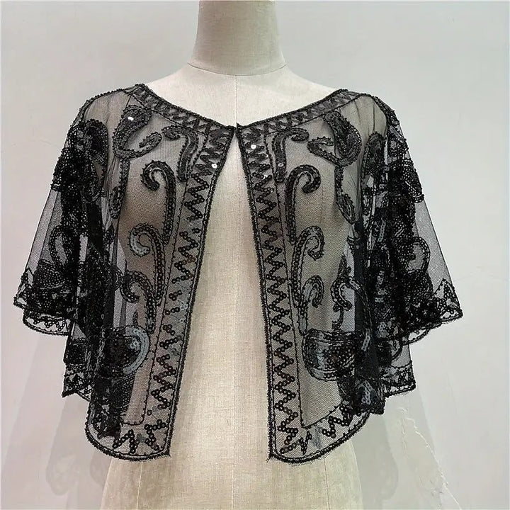 Women's Wrap Cape Vintage Sleeveless Sequind Solid Color Wraps with Beadings