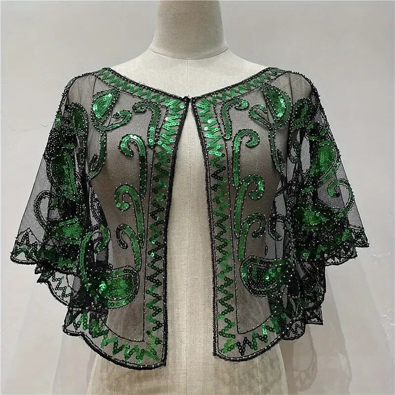Women's Wrap Cape Vintage Sleeveless Sequind Solid Color Wraps with Beadings