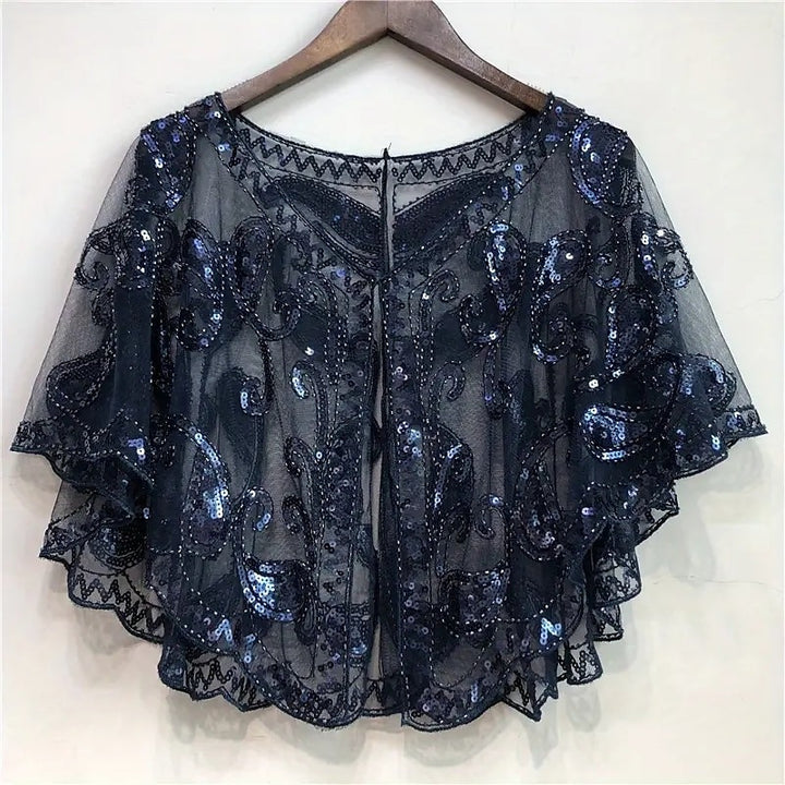 Women's Wrap Cape Vintage Sleeveless Sequind Solid Color Wraps with Beadings