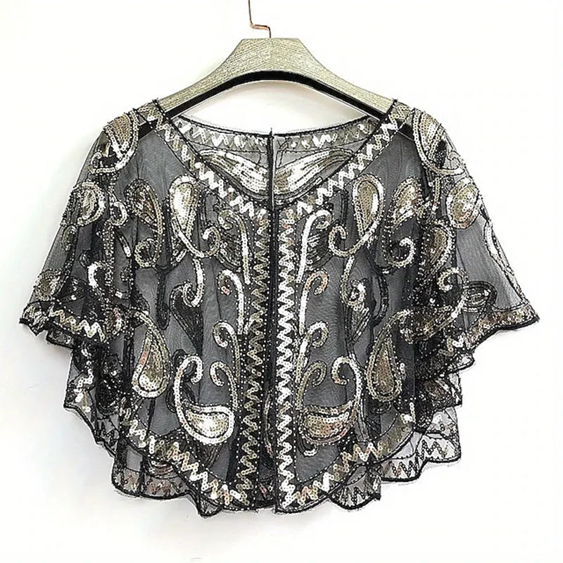 Women's Wrap Cape Vintage Sleeveless Sequind Solid Color Wraps with Beadings