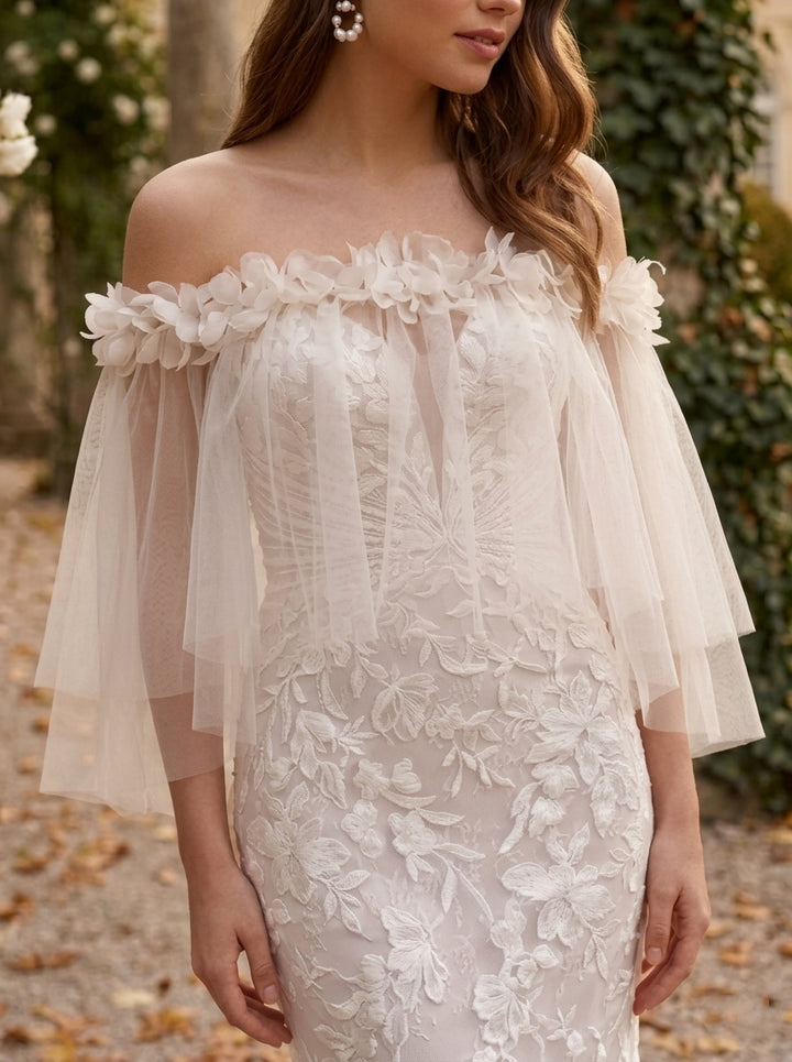 Off-the-Shoulder Bridal's Wrap with 3D Flowers Luxury Bridal Sleeveless Wedding Wraps