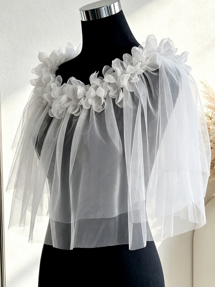 Off-the-Shoulder Bridal's Wrap with 3D Flowers Luxury Bridal Sleeveless Wedding Wraps