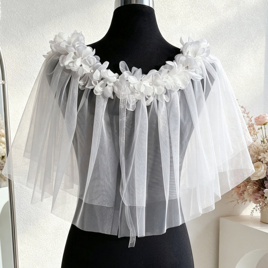 Off-the-Shoulder Bridal's Wrap with 3D Flowers Luxury Bridal Sleeveless Wedding Wraps