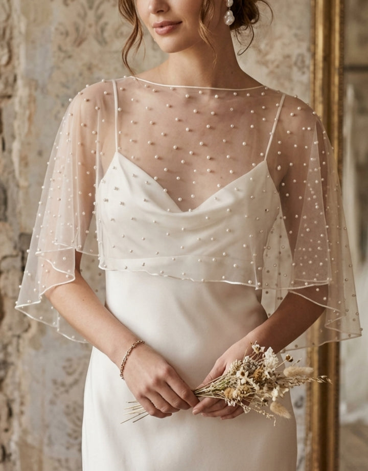 Scoop Faux Pearl Bridal's Wrap Luxury Bridal Sleeveless Wedding Wraps Beading