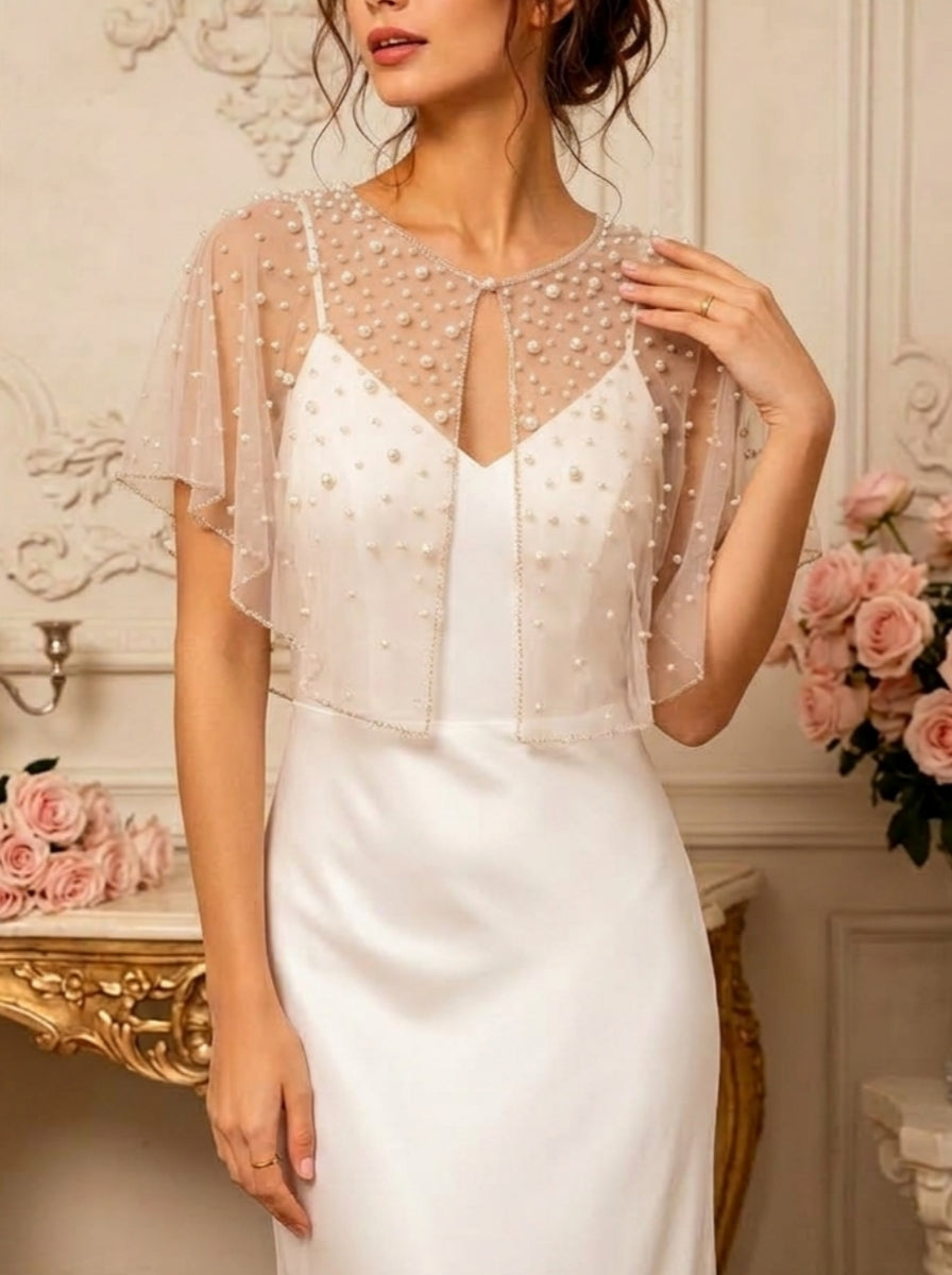 Scoop Faux Pearl Bridal's Wrap Luxury Bridal Sleeveless Wedding Party Reversible Wraps Beading