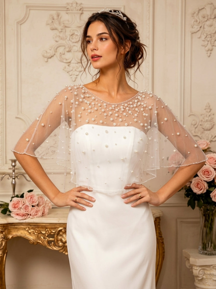 Scoop Faux Pearl Bridal's Wrap Luxury Bridal Sleeveless Wedding Party Reversible Wraps Beading