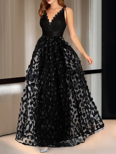 Black Lace Evening Maxi Gown 2026 V-Neck A-Line Floor-Length Formal Prom Dress with Floral Tulle Black Lace Evening Maxi Gown 2026 V-Neck A-Line Floor-Length Formal Prom Dress with Floral Tulle