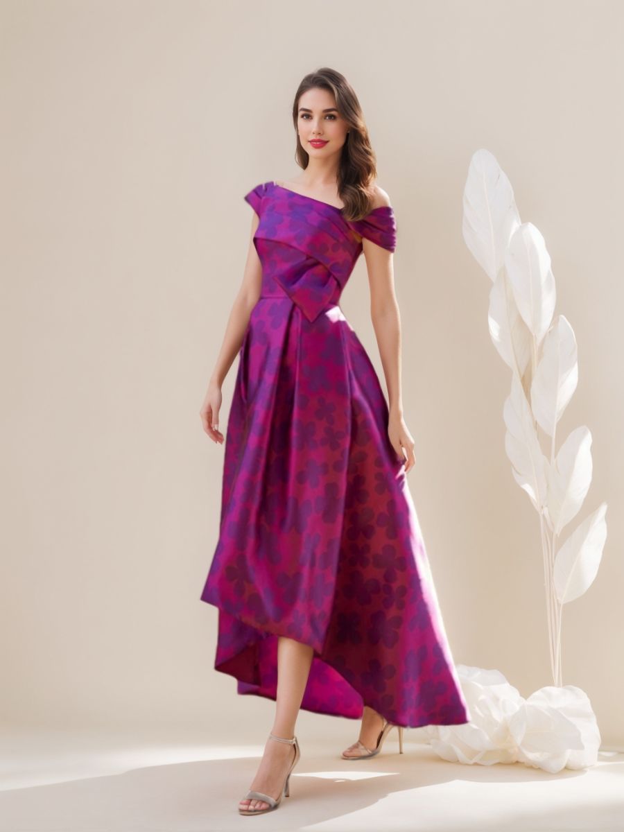 A-Line/Princess Boat Neck Asymmetrical Evening Dresses With Printed Fl - Mondressy A-Line/Princess Boat Neck Asymmetrical Evening Dresses With Printed Fl - Mondressy