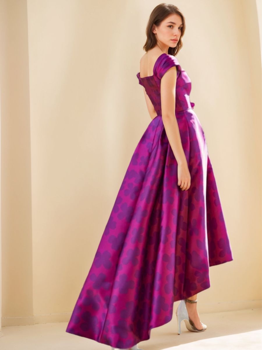 A-Line/Princess Boat Neck Asymmetrical Evening Dresses With Printed Flower & Ruches