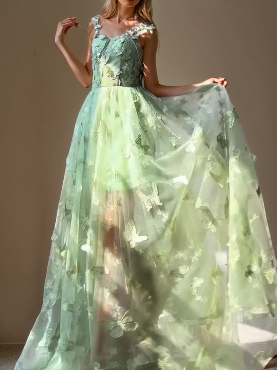 A-Line/Princess Green Spaghetti Straps Sleeveless Floor-Length Evening Dresses with Embroidery