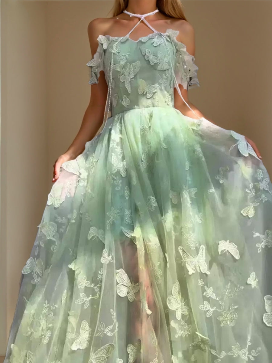 A-Line/Princess Green Spaghetti Straps Sleeveless Floor-Length Evening Dresses with Embroidery