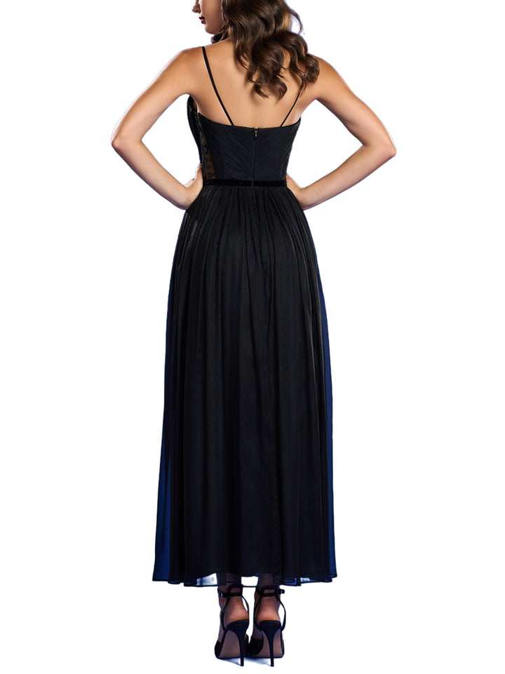 A-Line/Princess Spaghetti Straps Sleeveless Ankle-Length Ruched Evening Dresses with High Split