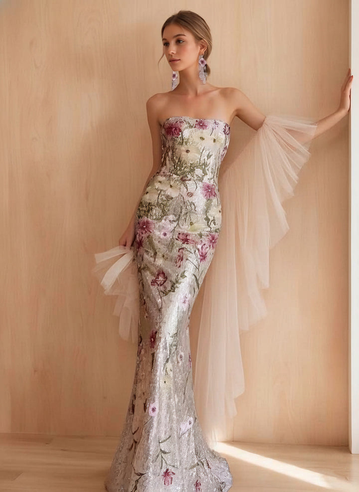 Trumpet/Mermaid Strapless Sleeveless Printed Floral Evening Dresses with Embroidery