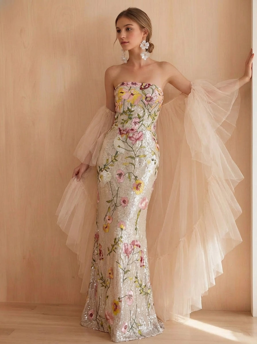 Trumpet/Mermaid Strapless Sleeveless Printed Floral Evening Dresses with Embroidery