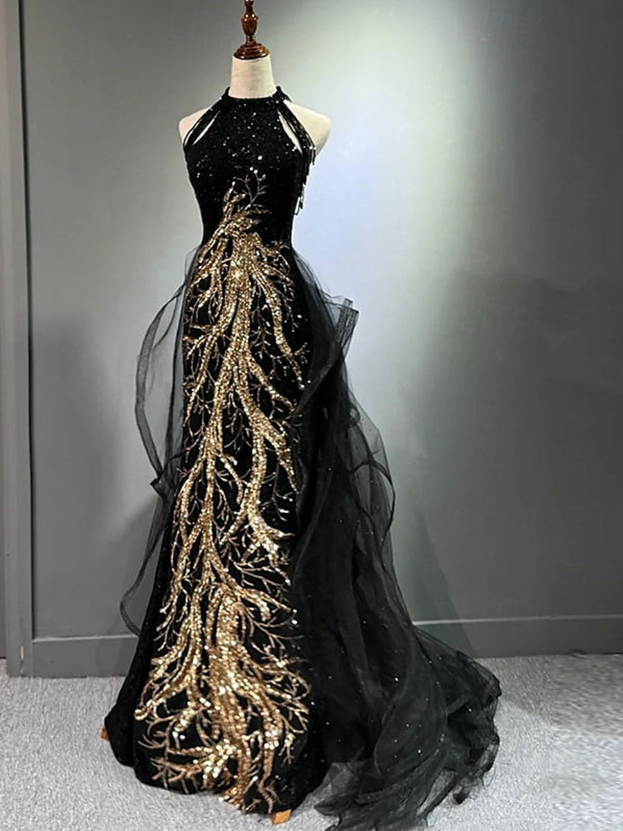 Black Halter Formal Evening Maxi Gown 2026 Gold Embroidered Tulle Dress Floor-Length Party Gown with Train, XS / Black Gold