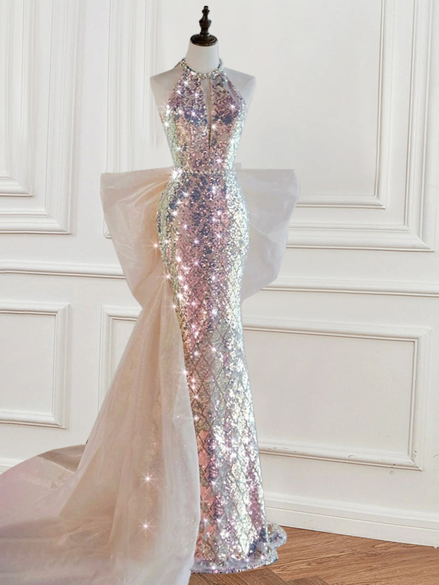 Silver Halter Formal Evening Maxi Gown 2026 Sequin Crystal Embellished Floor-Length Wedding Guest Party Dress with Detachable Tulle Train, Pink