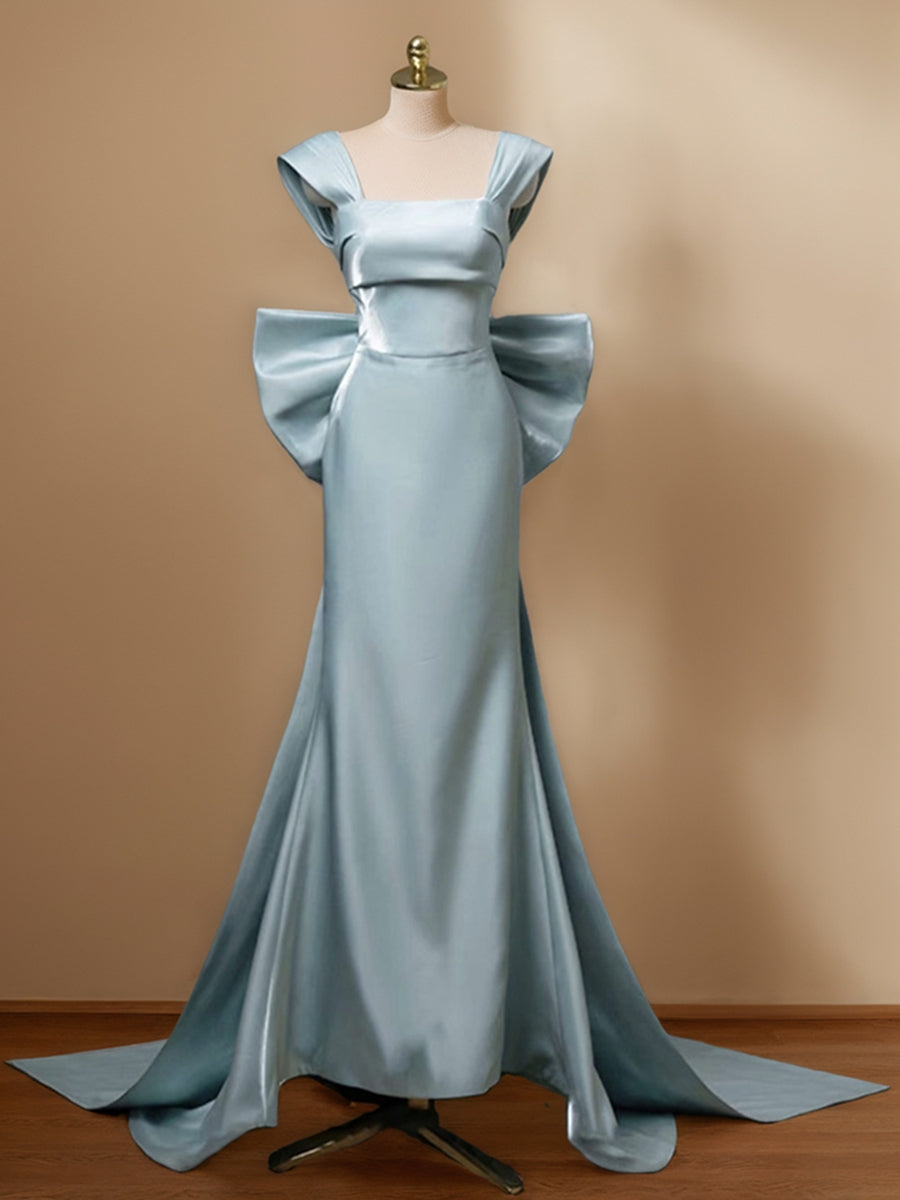 Dusty Blue Satin Formal Evening Maxi Gown 2026 Structured Square Neck Formal Dresses Floor-Length Wedding Guest Party Dress with Oversized Bow