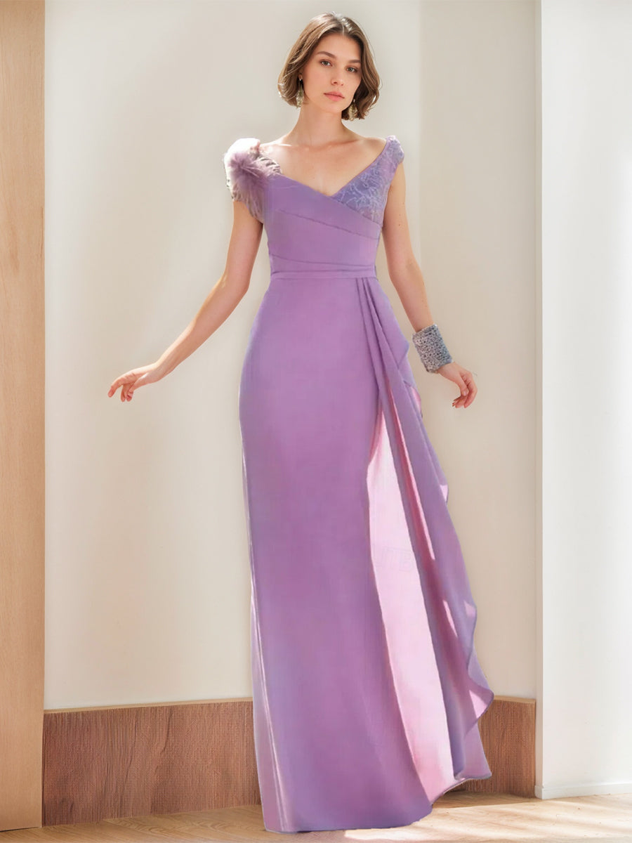 Sheath/Column V-Neck Sleeveless Elegant Evening Dresses with Feather & Appliques