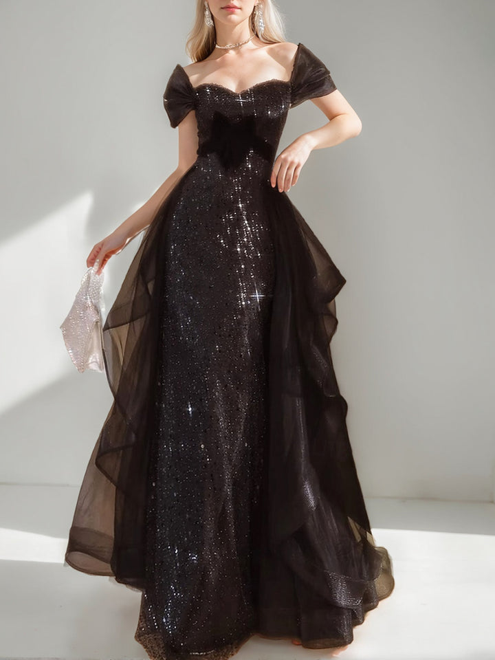 Black Luxurious A-Line/Princess Short Sleeves Evening Dresses with Sequins & Ruffles