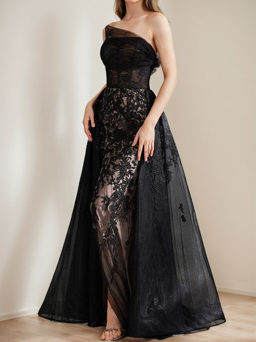 Black A-Line One-Shoulder Tulle Elegant Evening Dresses with Appliques & High Split