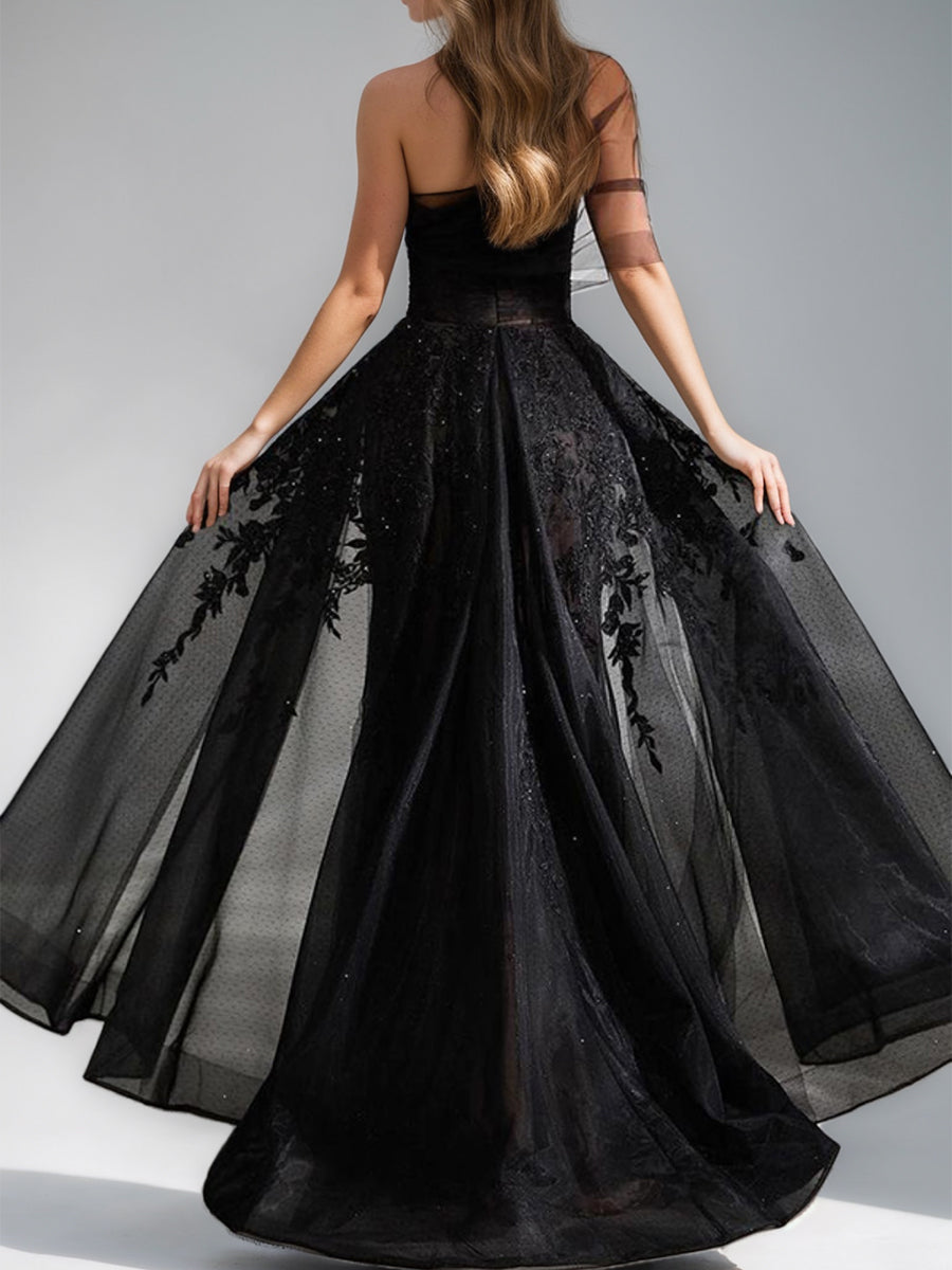 Black A-Line One-Shoulder Tulle Elegant Evening Dresses with Appliques & High Split