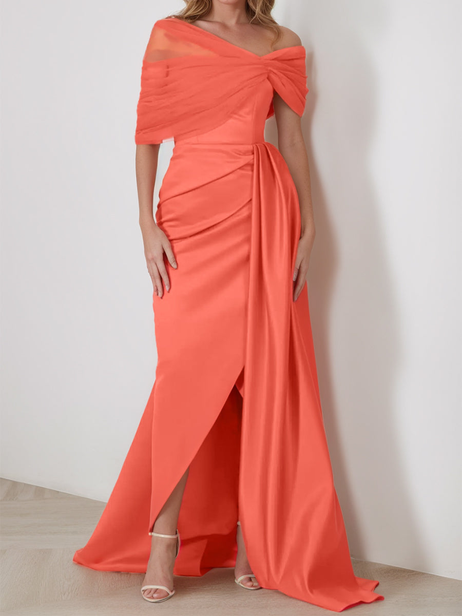 maxi mermaid prom dress split front Coral Off Shoulder Formal Evening Maxi Gown 2026 Draped Satin Floor-Length Wedding Guest Party Dress with Front Slit, Papaya