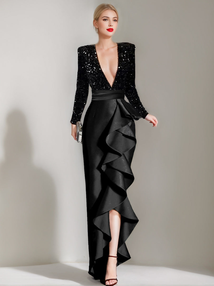 green emerald velvet dress Elegant Black Sequin Evening Maxi Gown 2026 Deep V Neck Long Sleeve Formal Party Guest Dress with Ruffle Skirt, Black