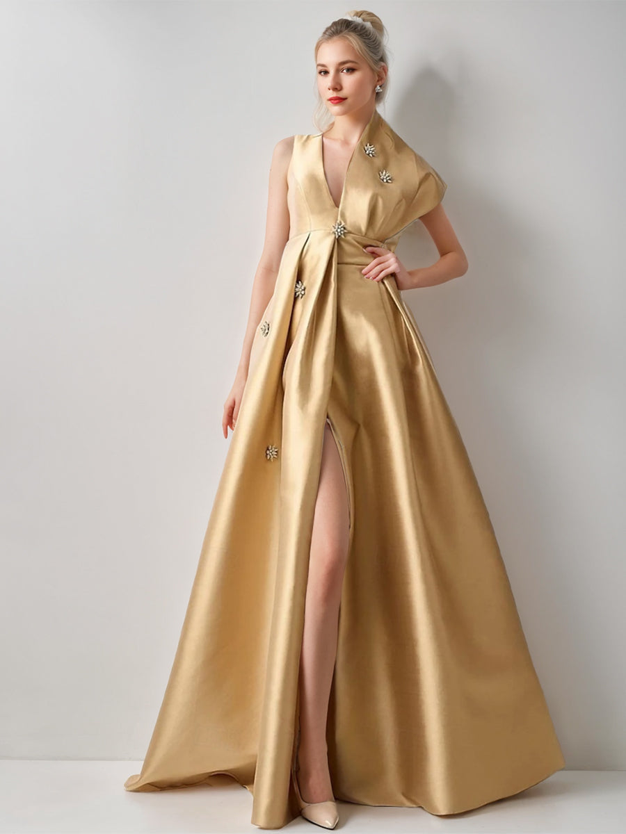 green emerald velvet dress Gold Asymmetric Formal Evening Gown 2026 Elegant V-Neck Draped A-Line Gala Wedding Guest Party Dress with High Slit, As Pic
