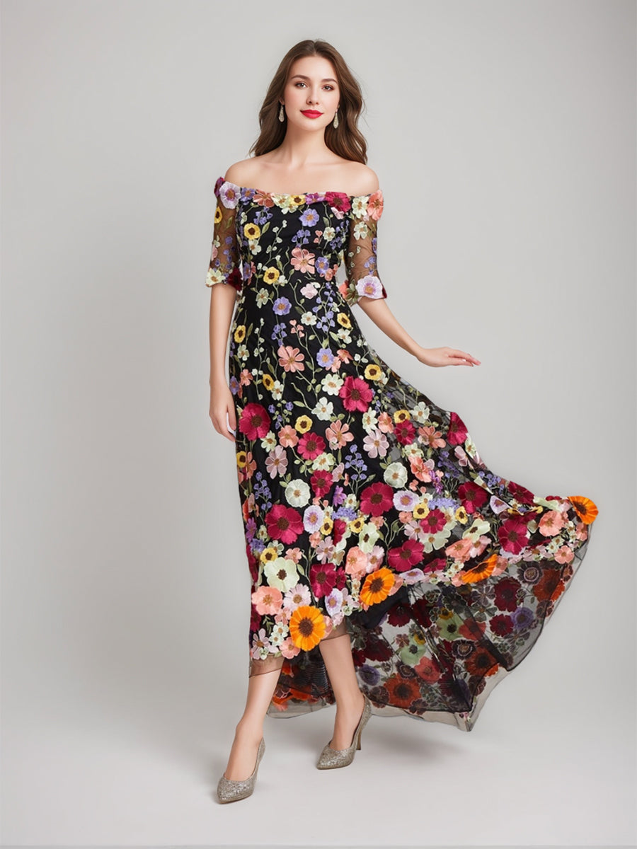 3D Flower Prom Ball Gowns Women's A-Line/Princess Off-The-Shoulder Tea-Length Formal Wedding Guest Evening Gowns with Appliques