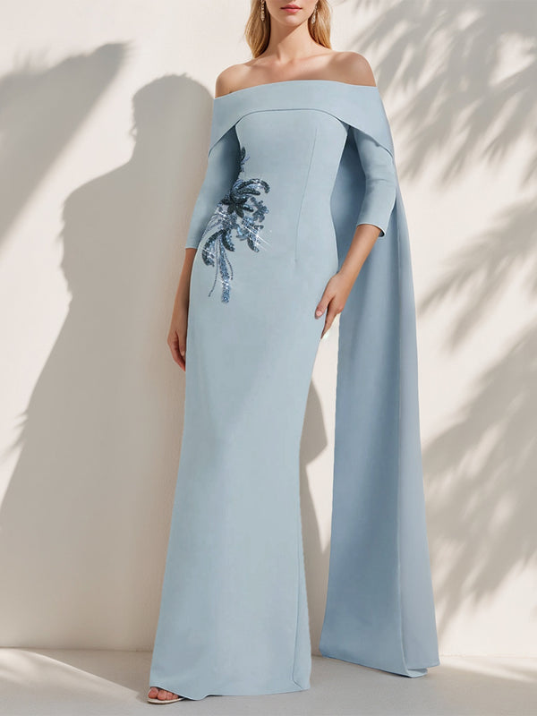 Sheath/Column Off-the-Shoulder 3/4 Sleeves Floor-Length Evening Dresses with Appliques