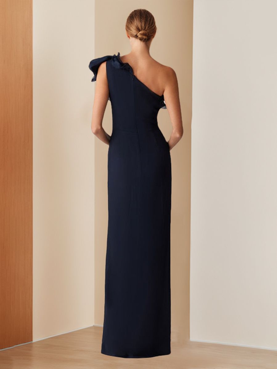 Navy One-Shoulder Evening Dress 2026 Minimalist Ruffle Floor-Length Formal Gown for Wedding Guest Mother of the Bride, Navy Blue Navy One-Shoulder Evening Dress 2026 Minimalist Ruffle Floor-Length Formal Gown for Wedding Guest Mother of the Bride, Navy Blue