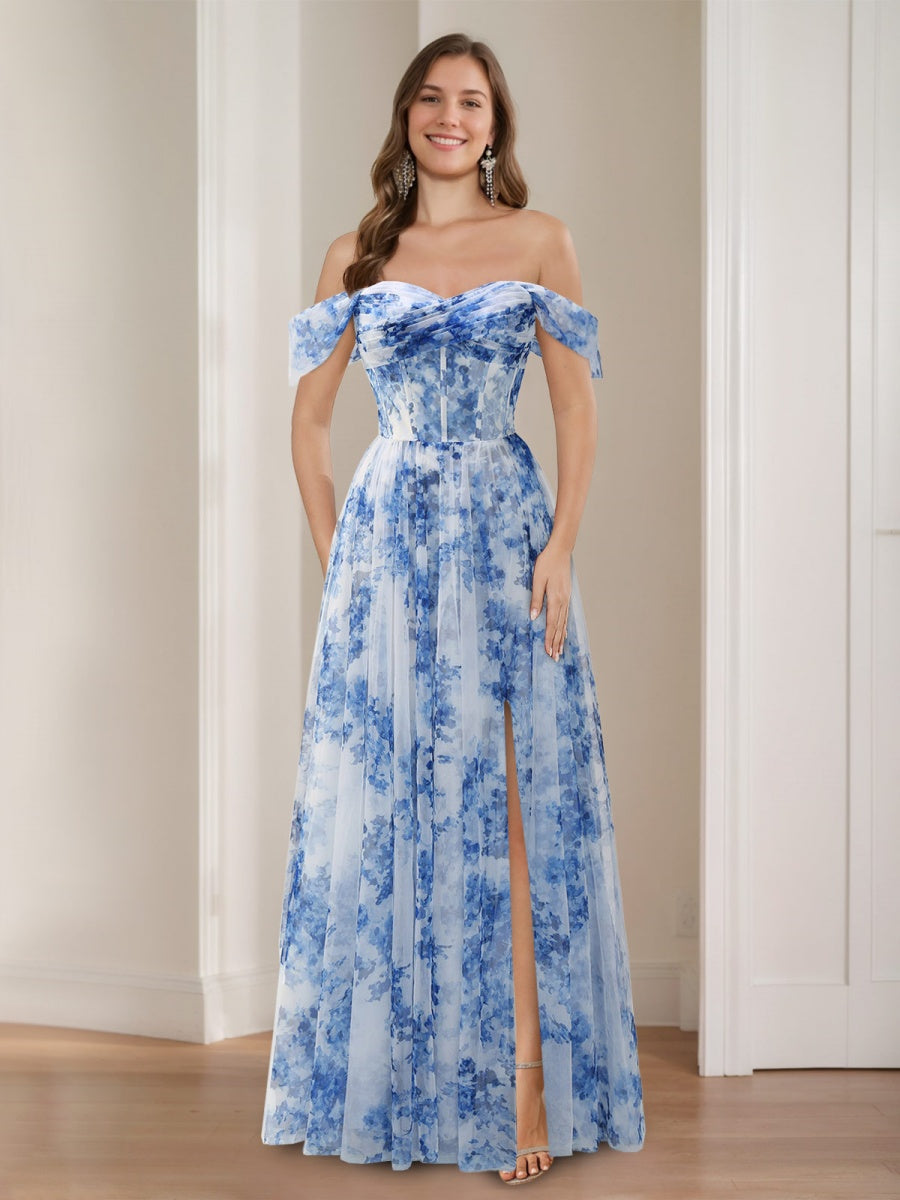 Floral Formal Evening Gowns 2026 A-Line/Princess Off-the-shoulder Pleated Floor-Length Printed Floral Prom Ball Gowns with Side Slit Floral Formal Evening Gowns 2026 A-Line/Princess Off-the-shoulder Pleated Floor-Length Printed Floral Prom Ball Gowns with Side Slit